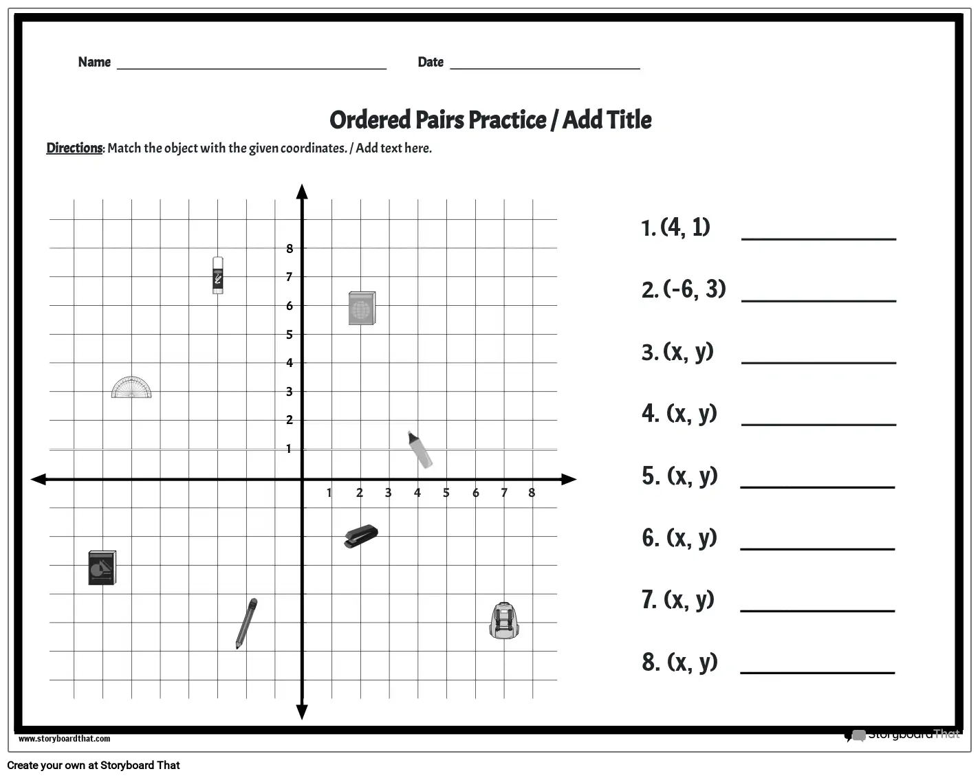 Coordinates Worksheet with Classroom Objects - BW