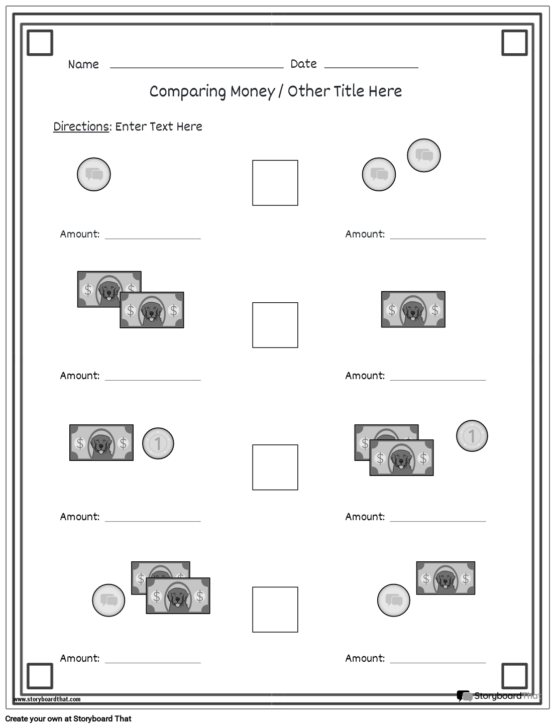 Money Worksheet - Compare Money - BW Storyboard