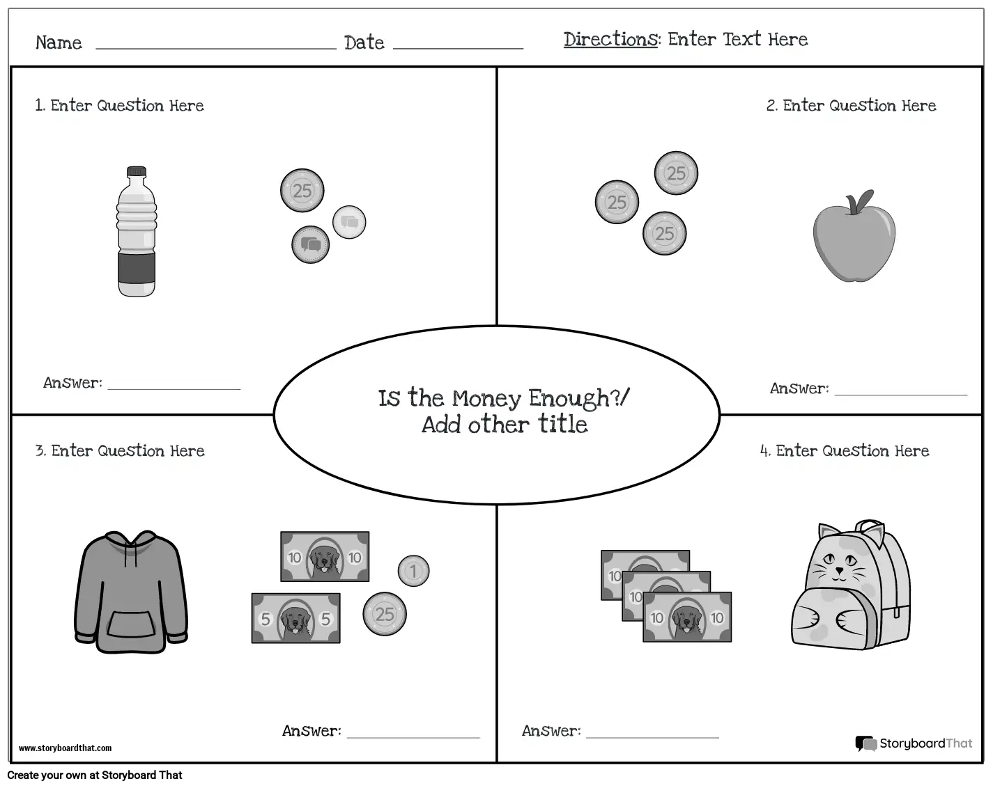 Money Worksheet with Grid BW