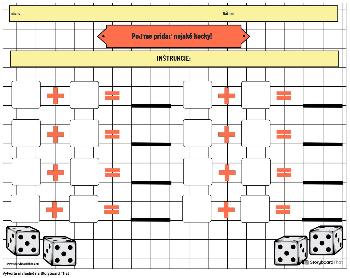 Pracovný List hry s Matematickými Kockami Storyboard