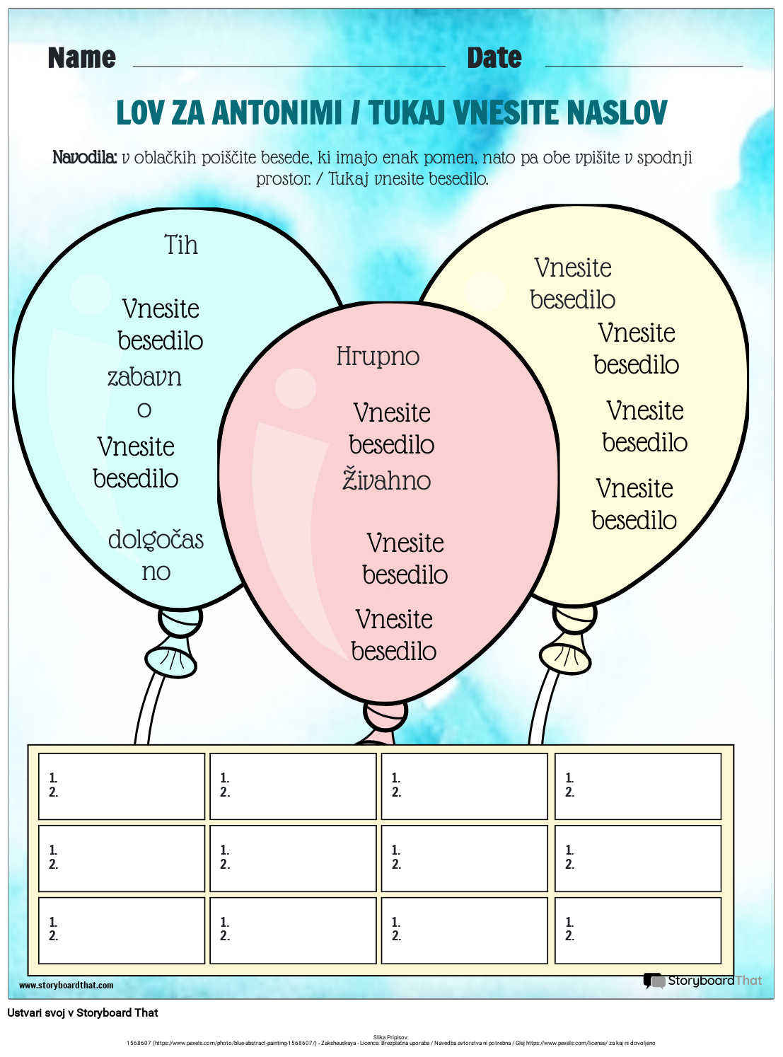 Delovni list Lov na besede za sinonime Storyboard