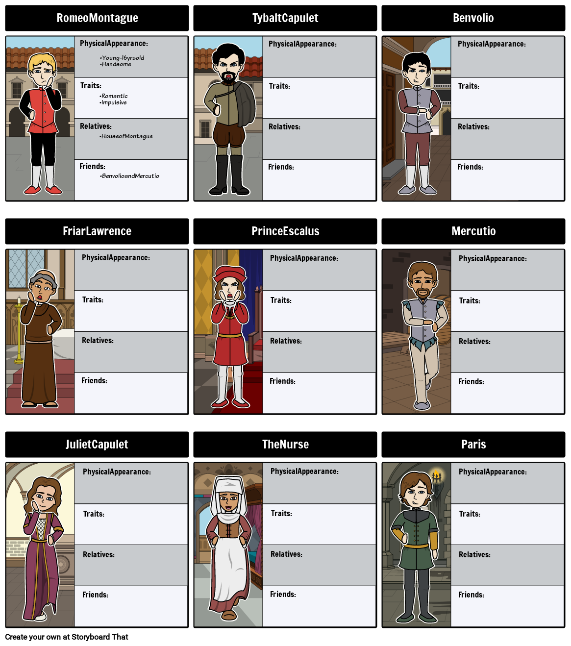 Romeo and Juliet Character Map Storyboard by sprawi1969