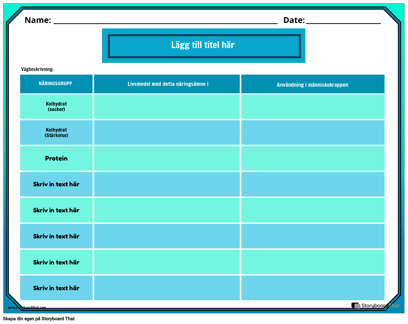 Arbetsblad för Näringsetikett Storyboard by sv-examples