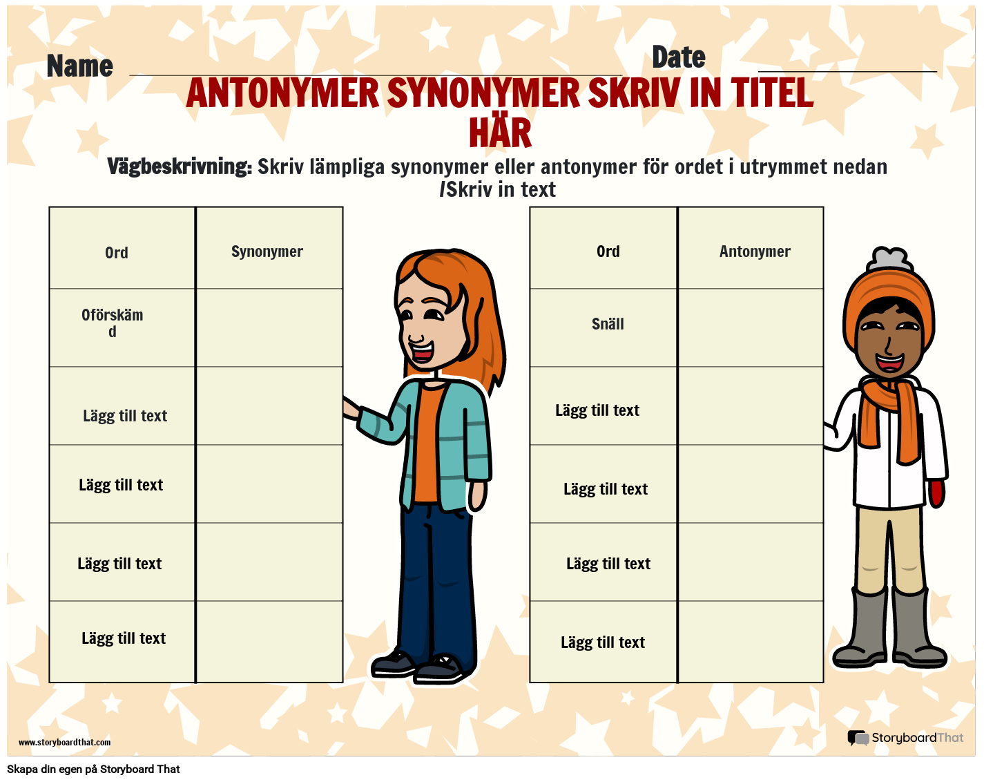 Enkla Antonymer Och Synonymer Arbetsblad Storyboard