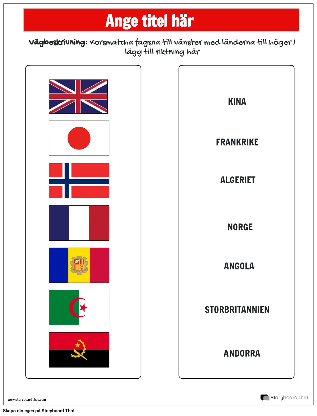 Flagga matchande arbetsblad