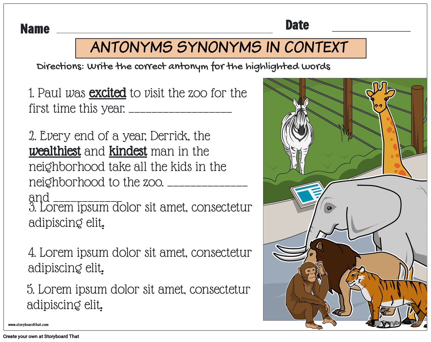 Antonyms and synonyms in context worksheet Storyboard