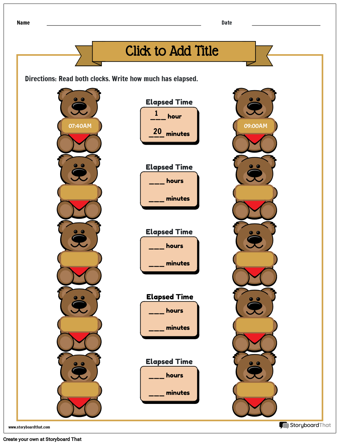 Bear-themed Elapsed time Worksheet Storyboard per templates