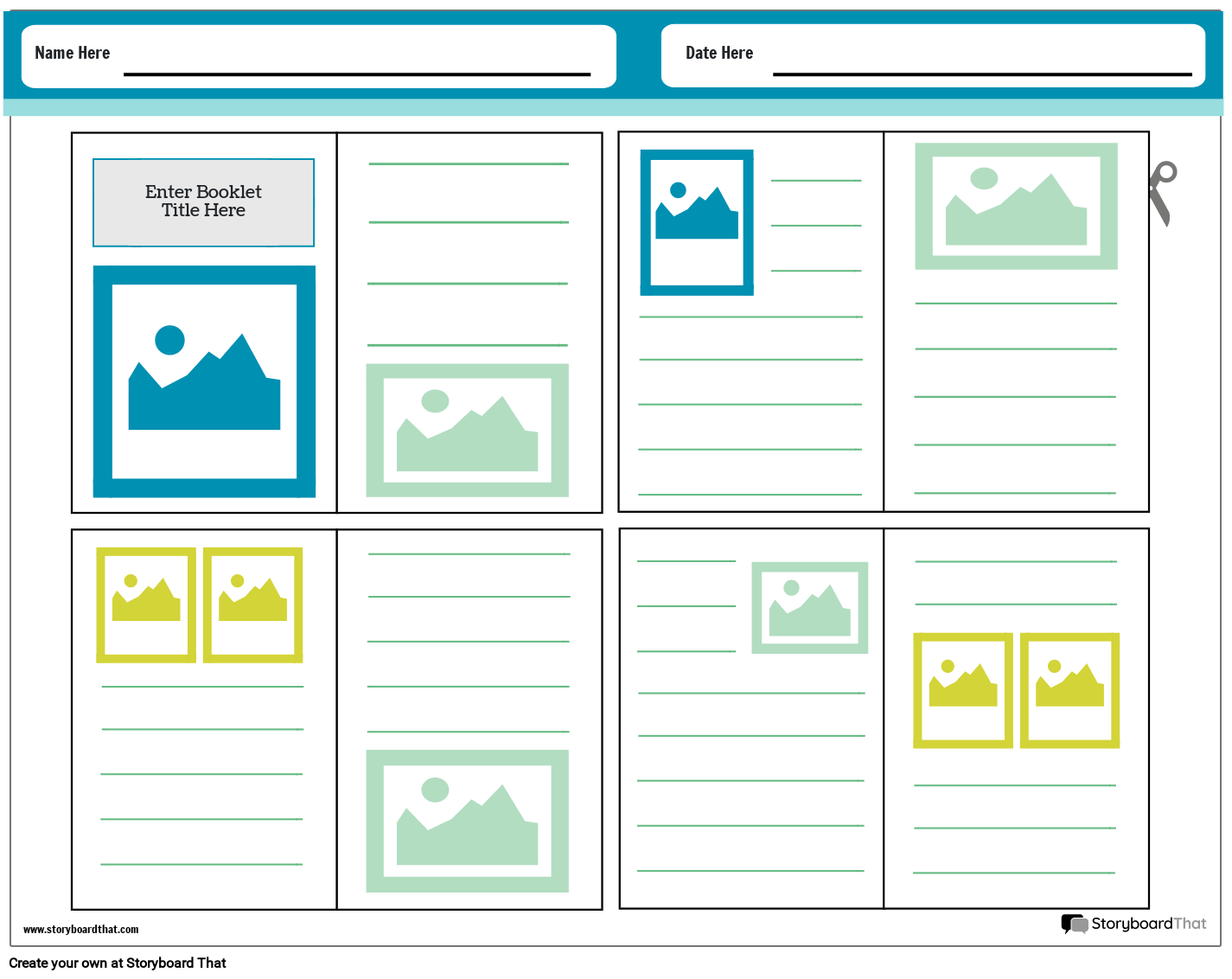 Blue themed booklet template with multiple boxes