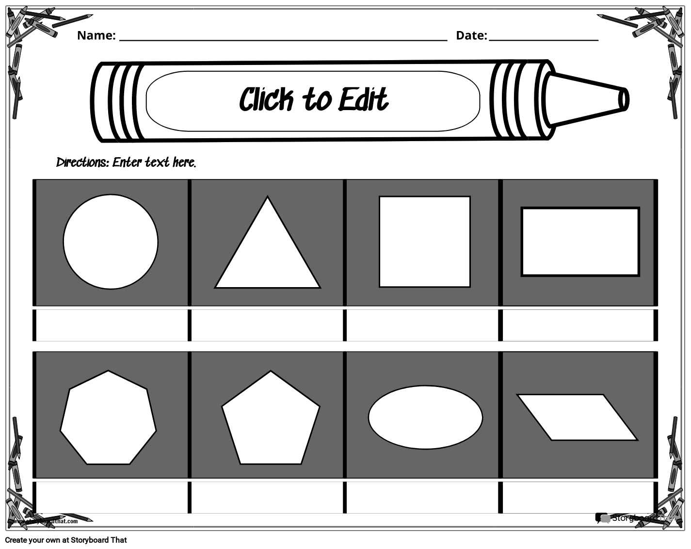 Crayons-inspired 2D Shapes Worksheet B&W Storyboard