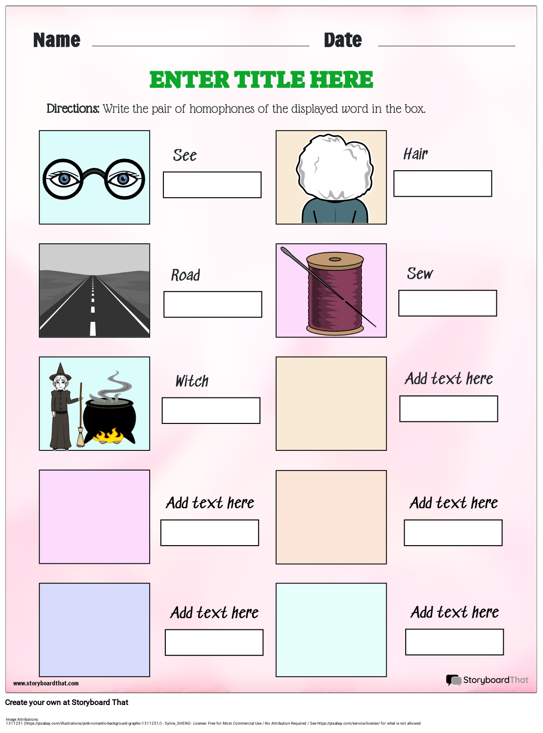 Customizable homophone worksheet Storyboard by templates