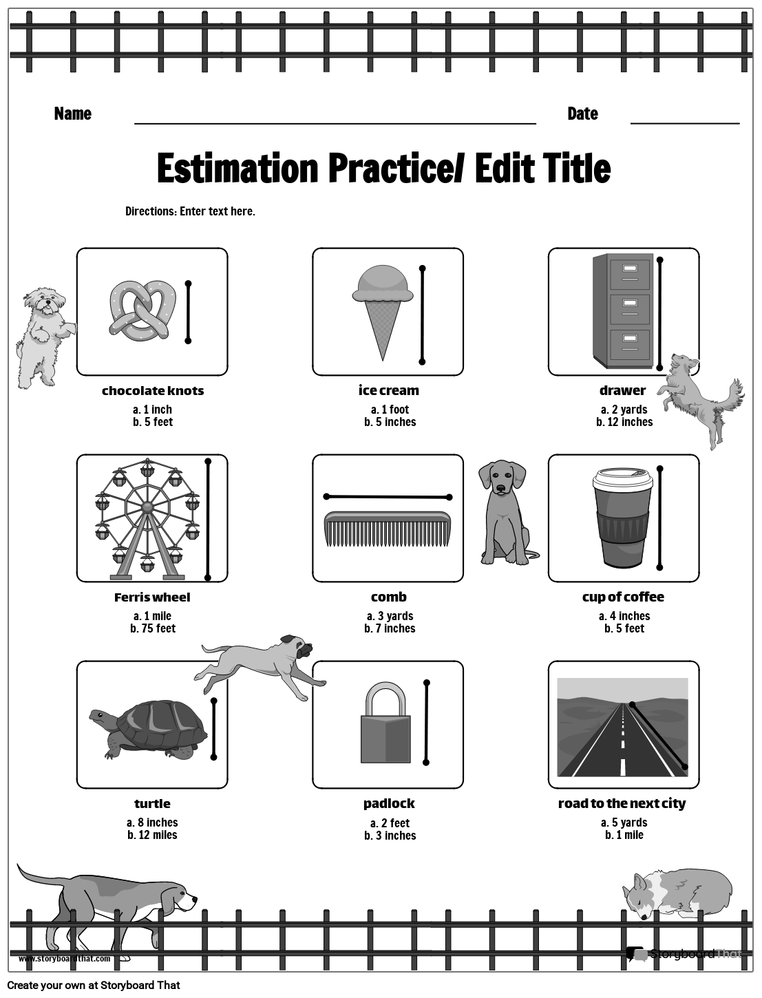Dogs Themed US Measurement Worksheet B&W Storyboard