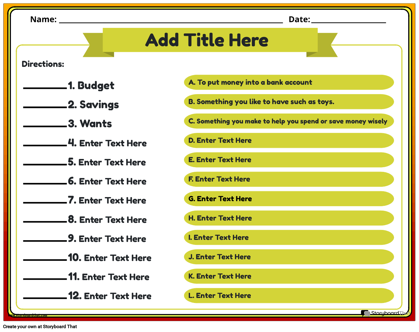 Economics Vocabulary Matching Activity Worksheet