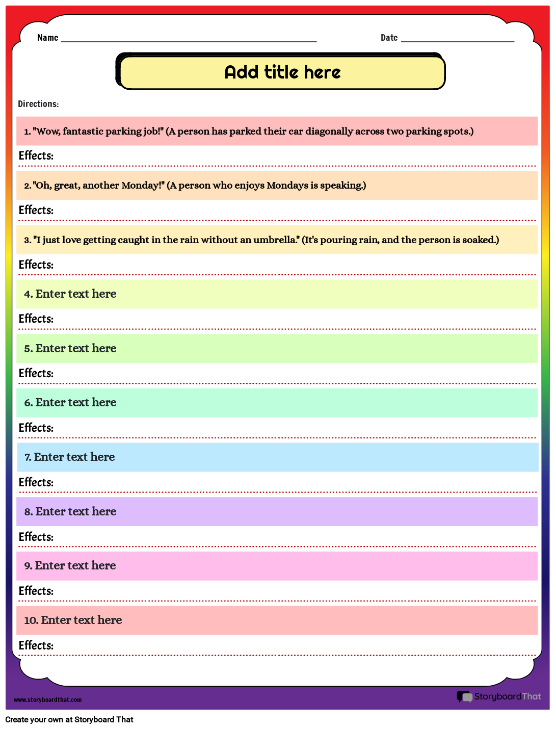 Effects of Verbal Irony Worksheet Storyboard par templates