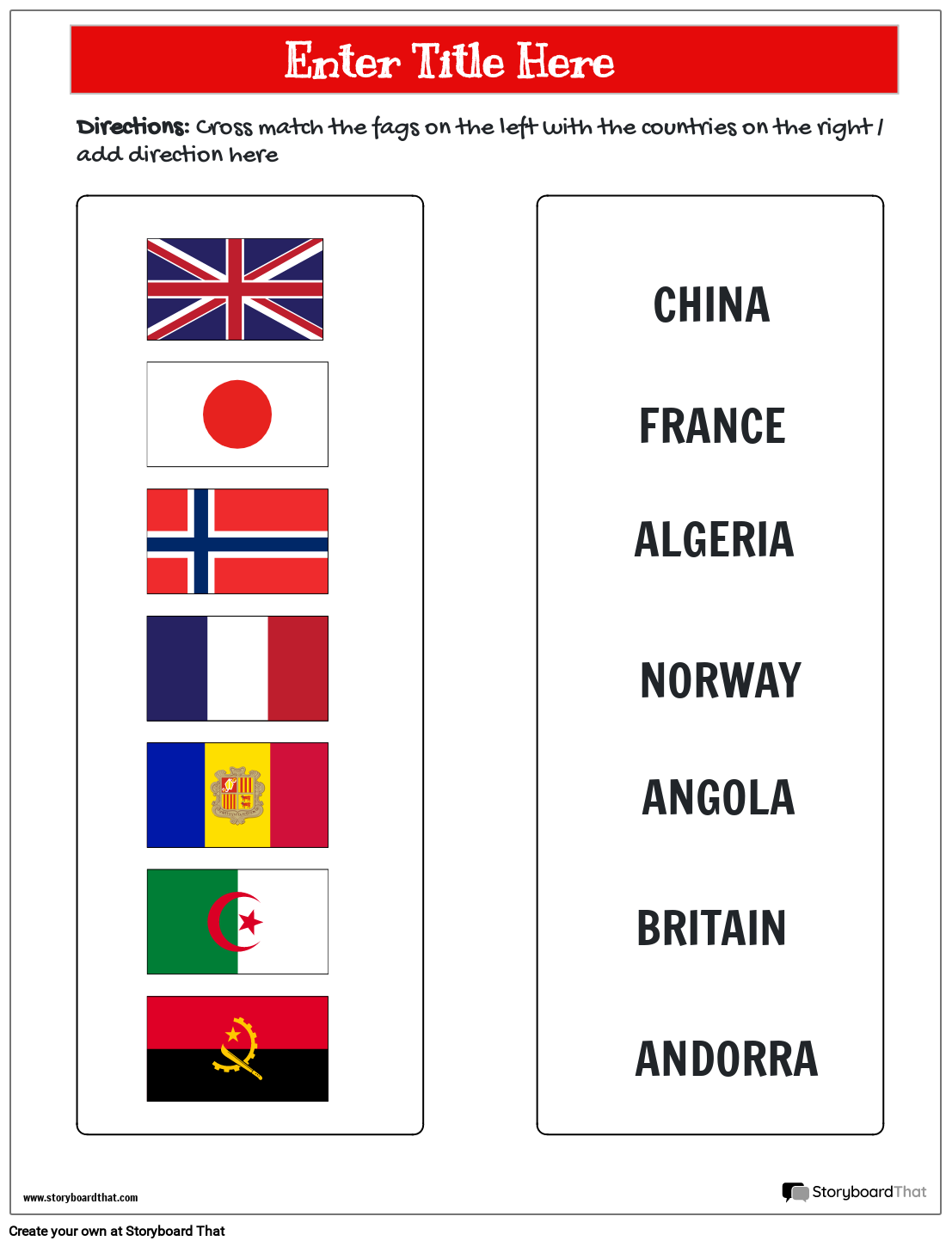 Flag matching worksheet Storyboard by templates