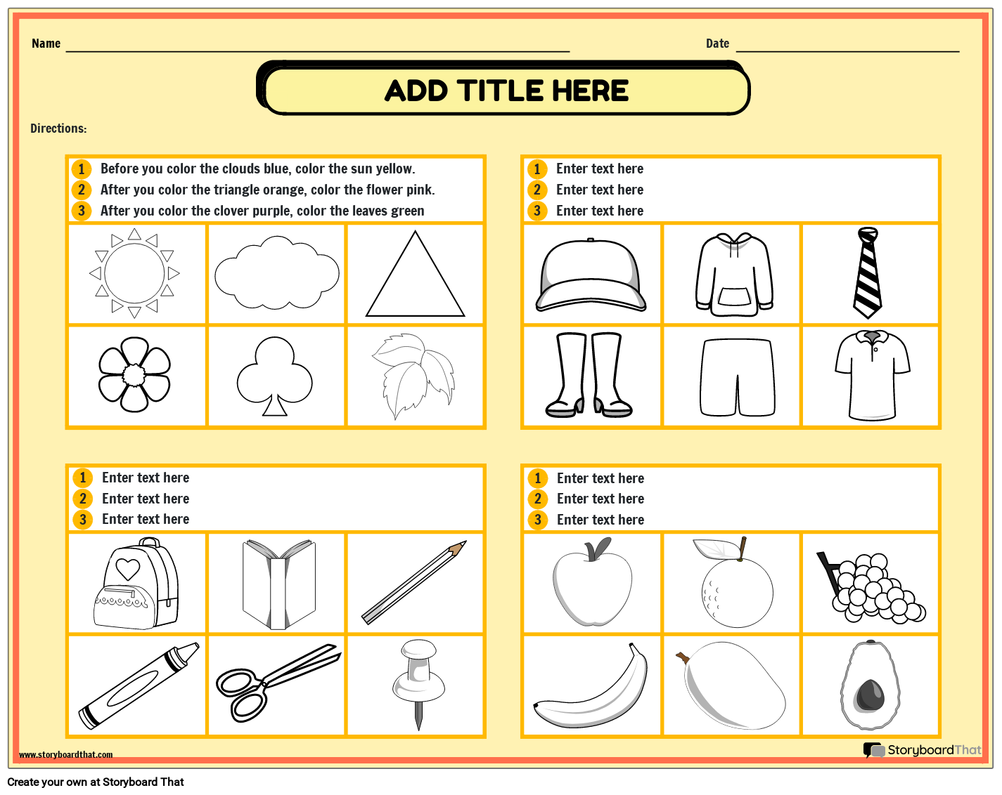 Following Directions Temporal Worksheet Storyboard