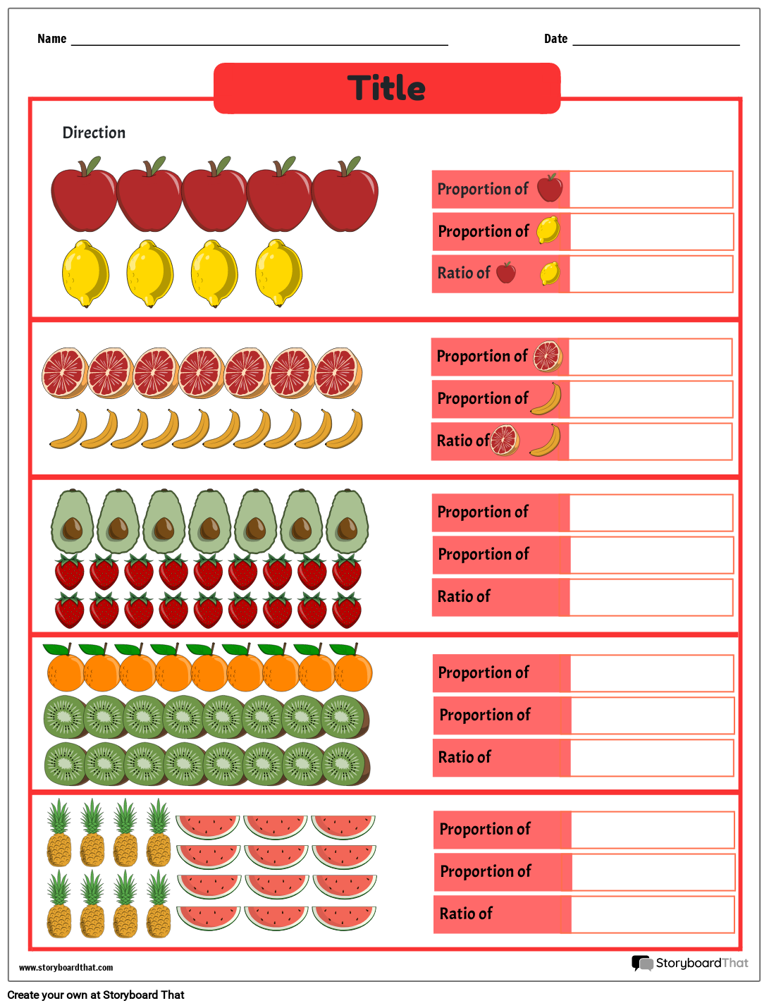 Fruit-themed math worksheets proportions Storyboard