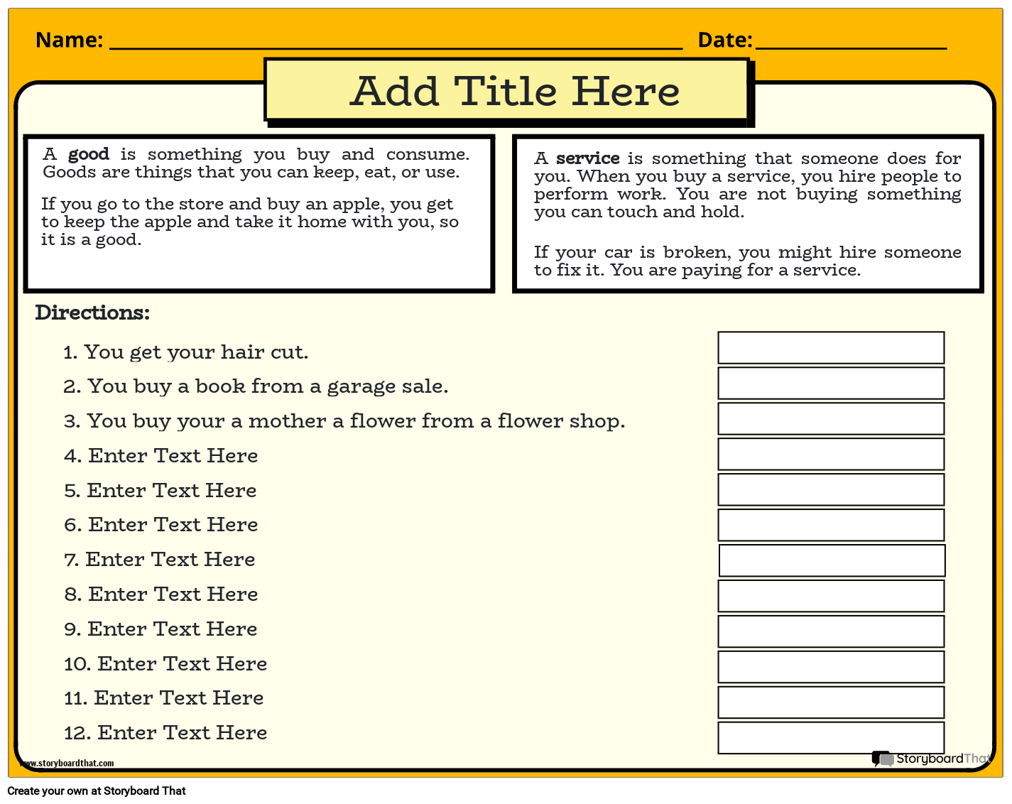 Good and Services Economics Worksheet Storyboard