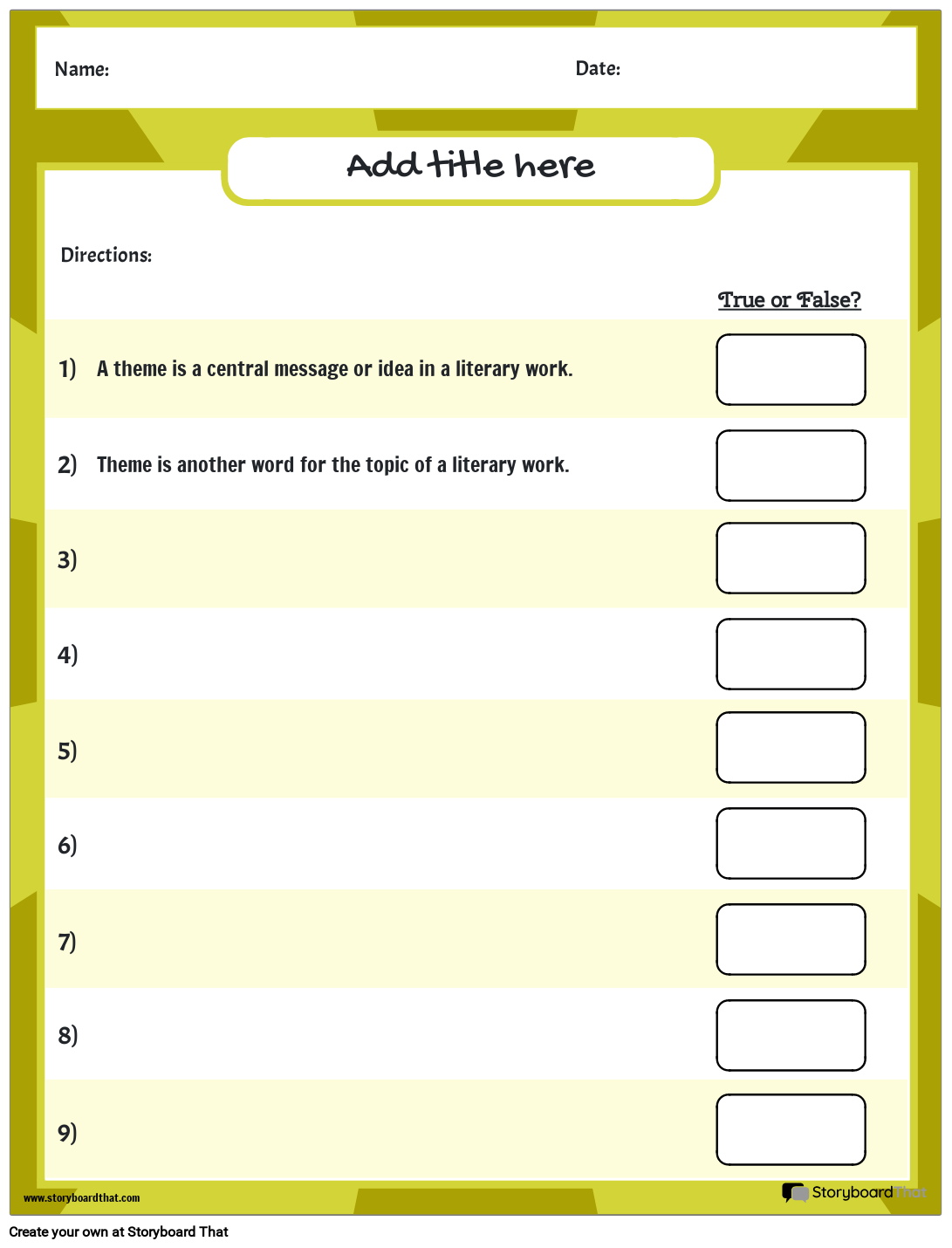 Identifying Themes Worksheets True Or False