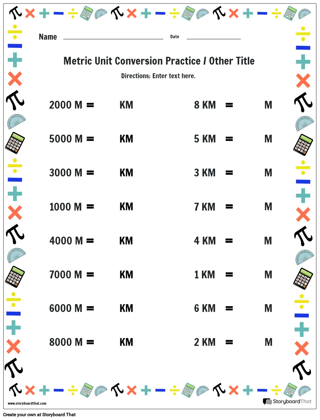 Measurement metric conversion worksheet with math border