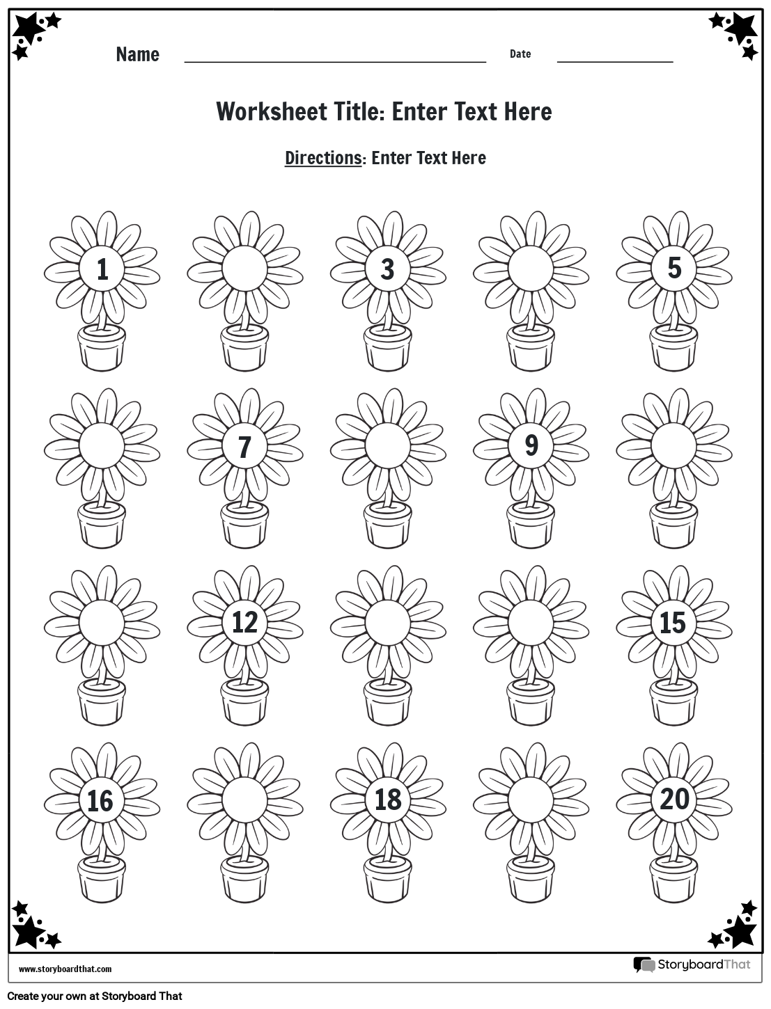 Missing numbers worksheet with flowers black and white 
