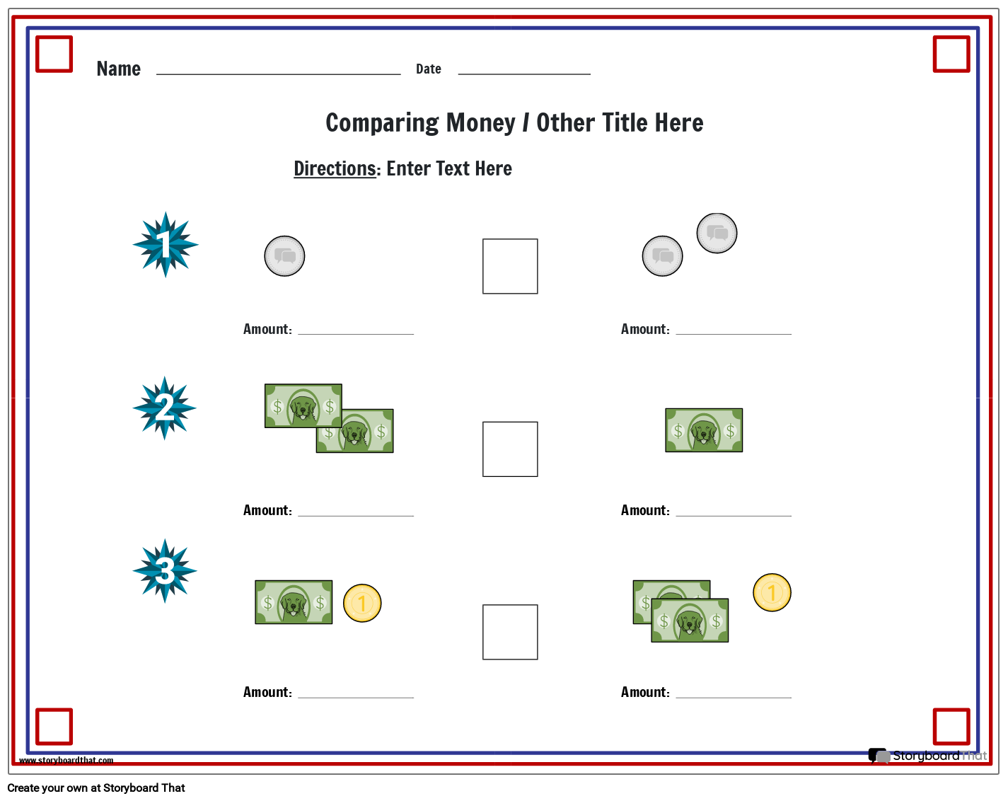 Comparing Money Amounts Storyboard by templates