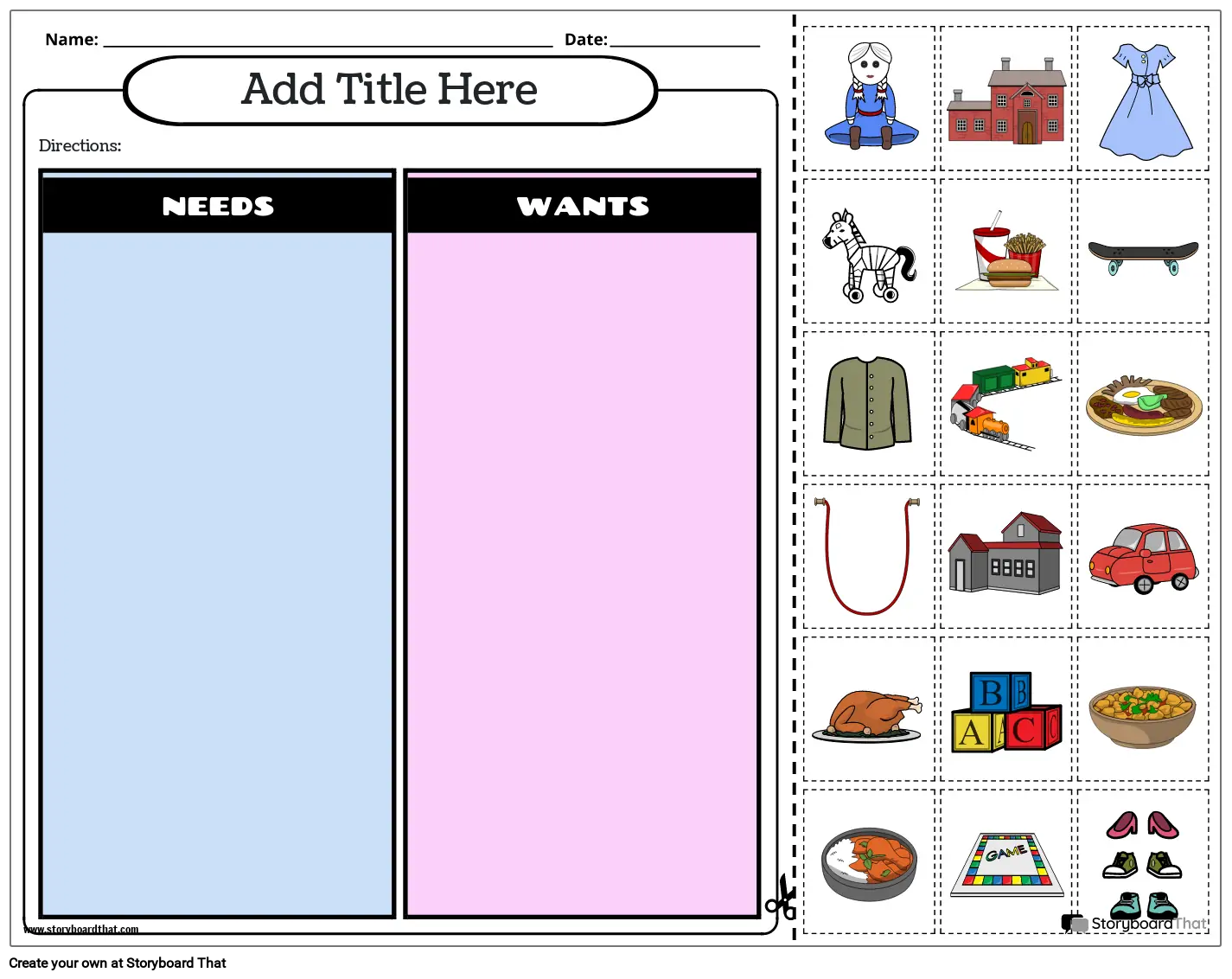 Needs and Wants Sort Cut and Paste - Economics Worksheet