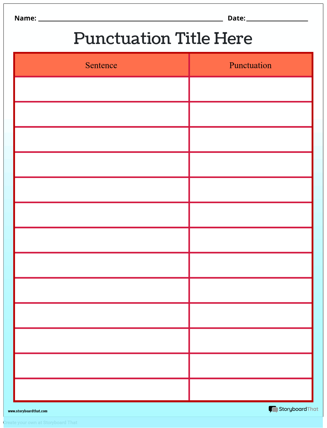 Punctuation Template with a Colorful Table Storyboard
