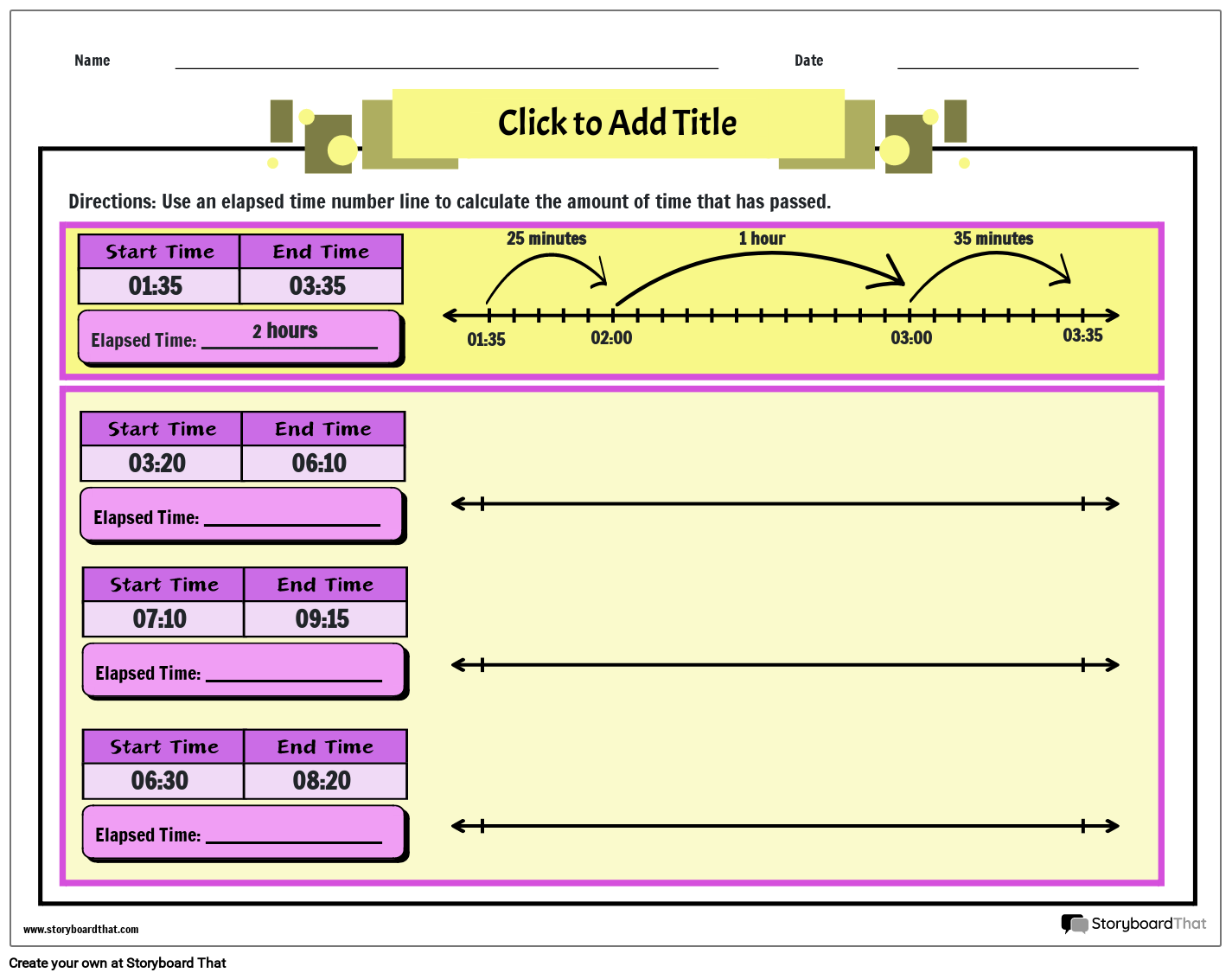 NUMBER LINE - ELAPSED TIME WORKSHEET Storyboard