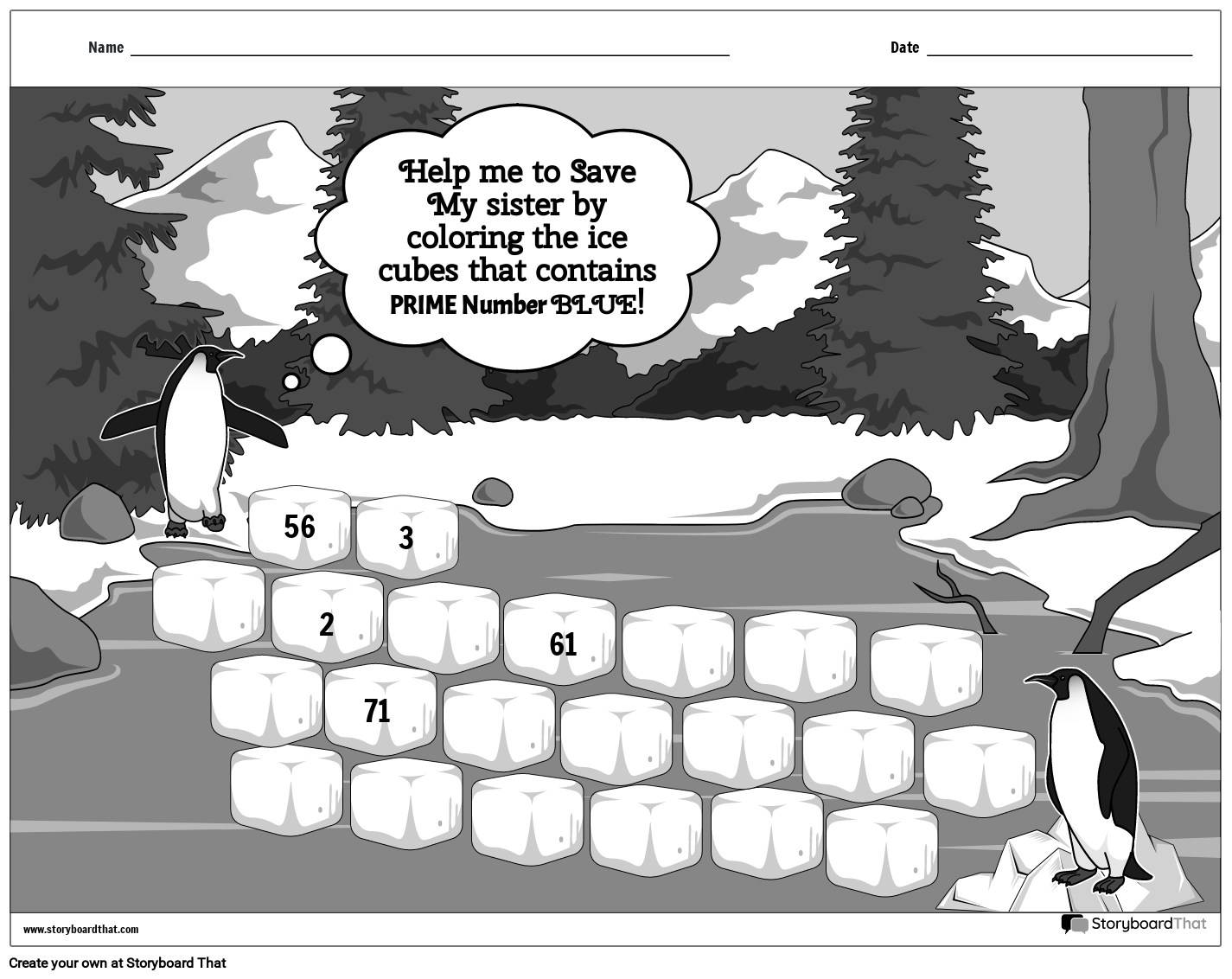 Penguin maze prime number worksheet storyboard