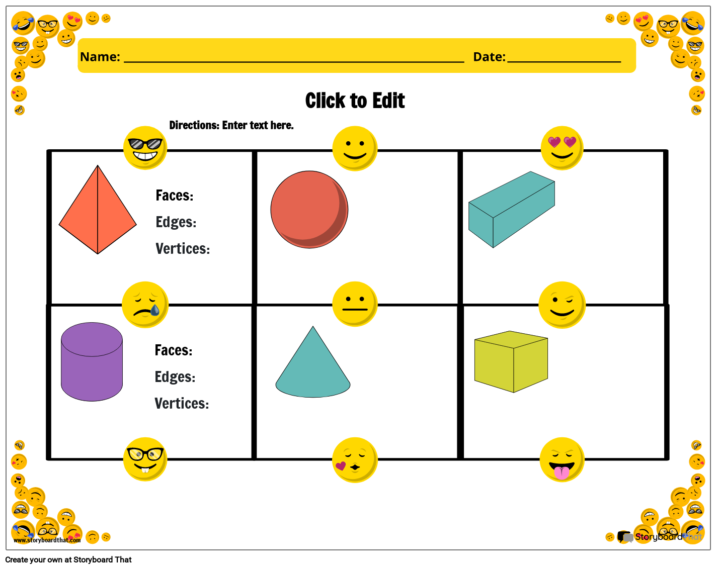 Print-ready Emoji 3D Solid Shape Worksheet Storyboard