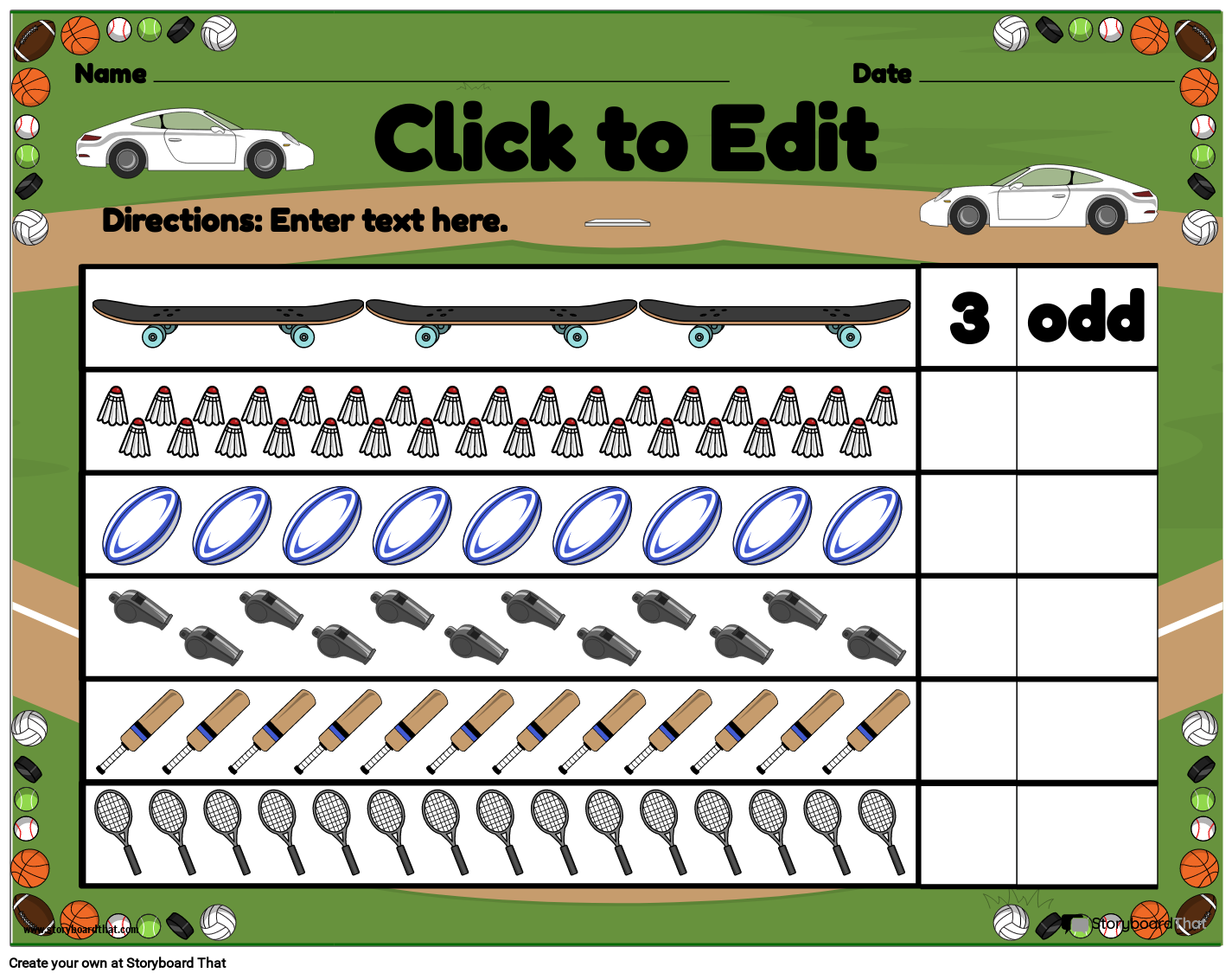 Print-ready Sports Items Storyboard by templates