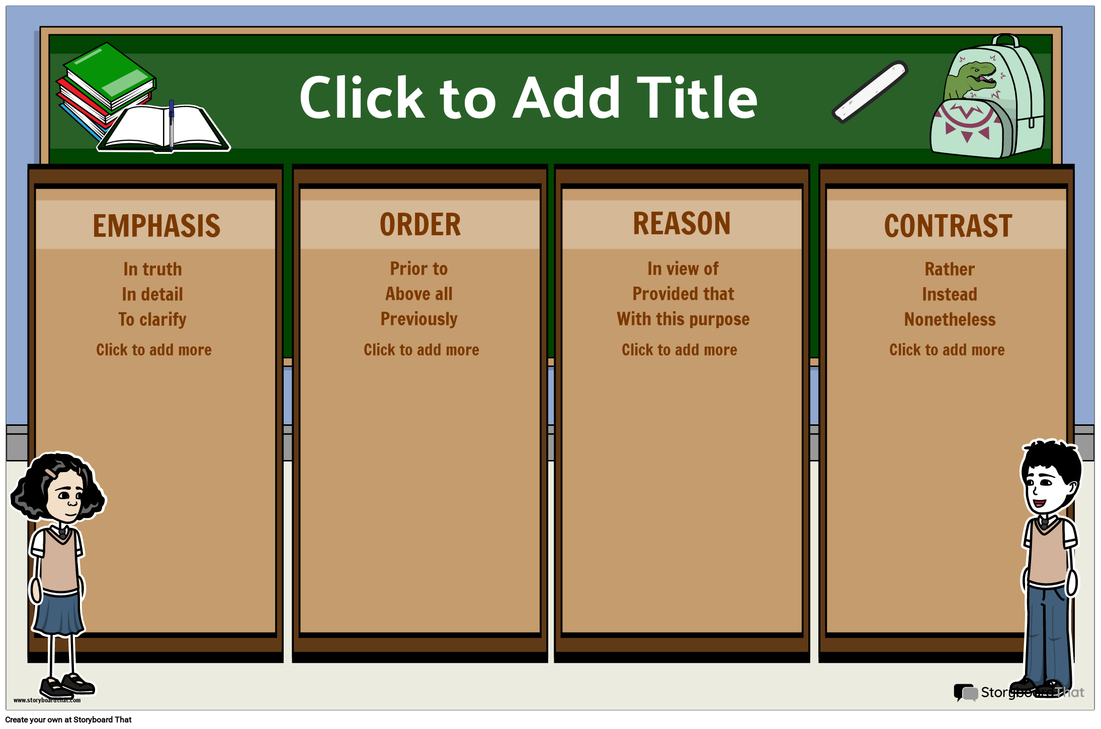 SCHOOL THEMED TRANSITION WORDS POSTER Storyboard school-themed-transition-words-poster-storyboard