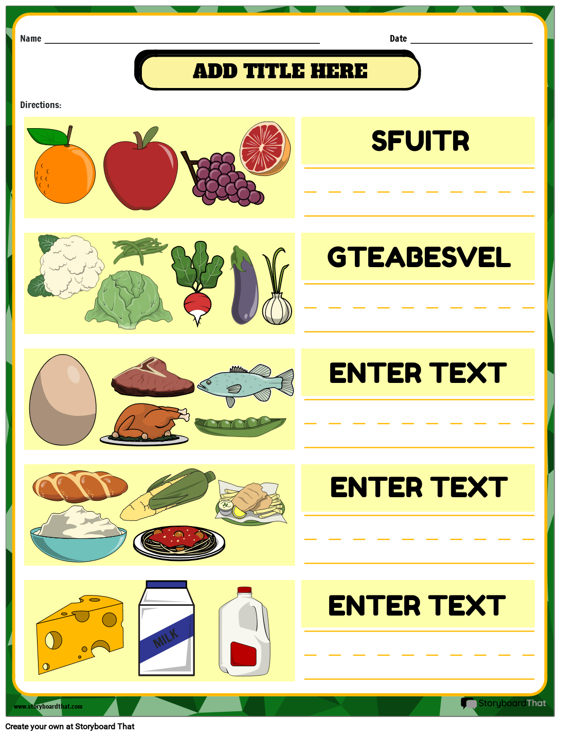 Scrambled Words Nutrition Worksheet Storyboard