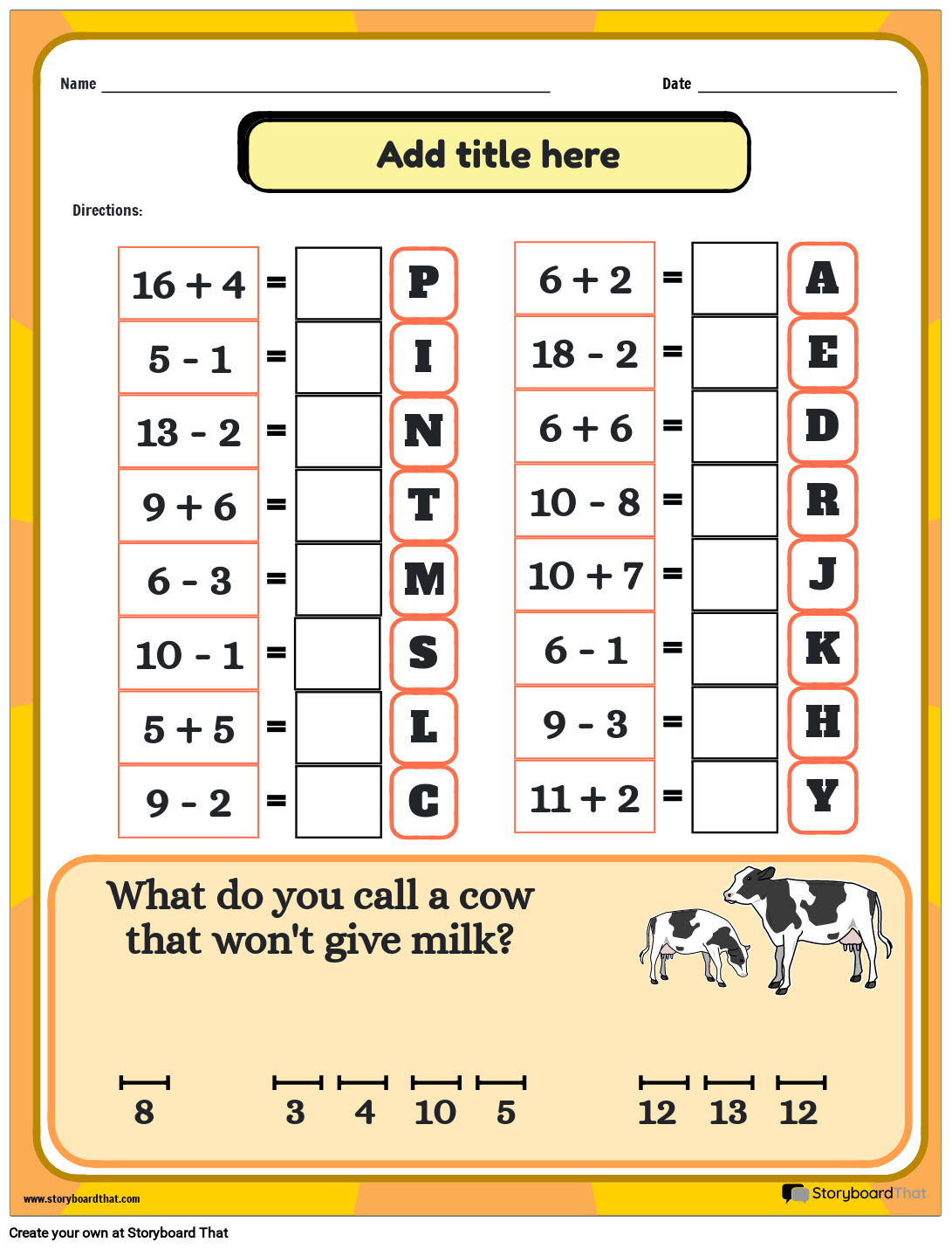 Secret Code Math Riddles - Addition and Subtraction Worksheet