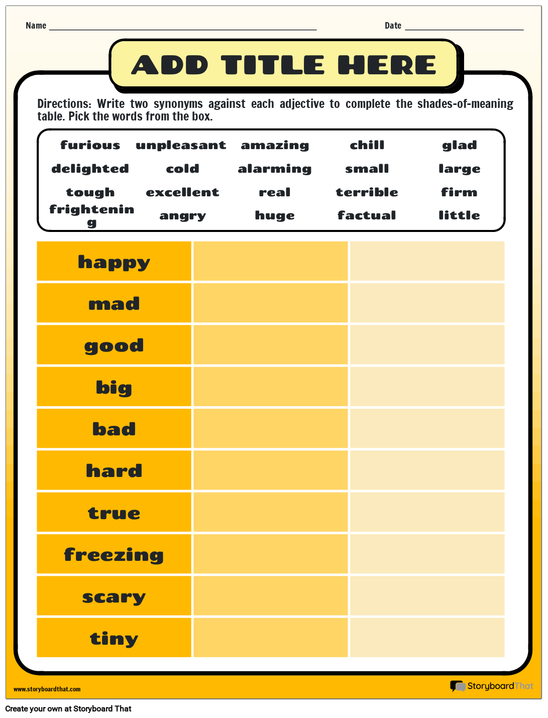 Related Words With Similar Meaning Practice Storyboard