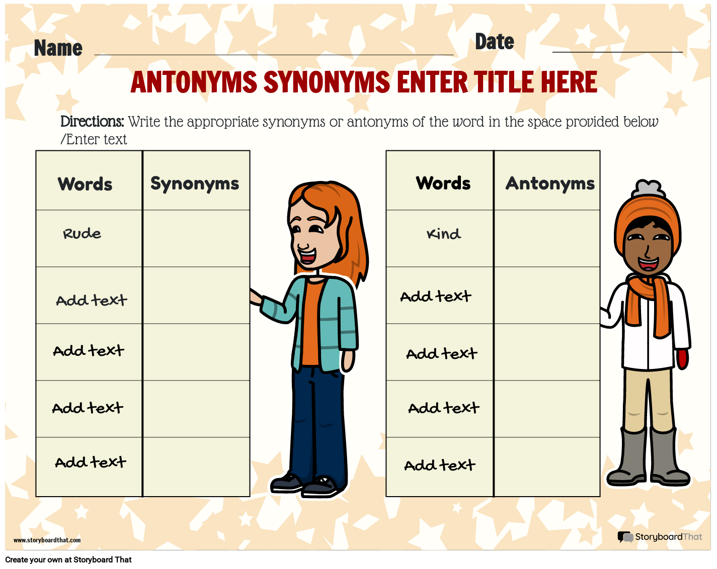 Simple Antonyms and synonyms worksheet Storyboard