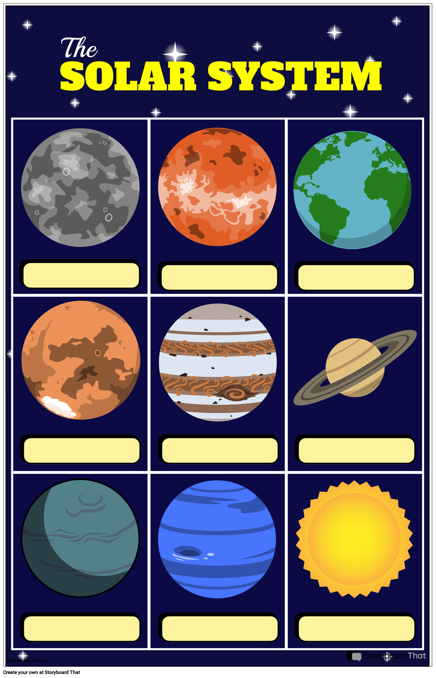 A diagram of the planets in our solar system with the sun, planets names  and space background