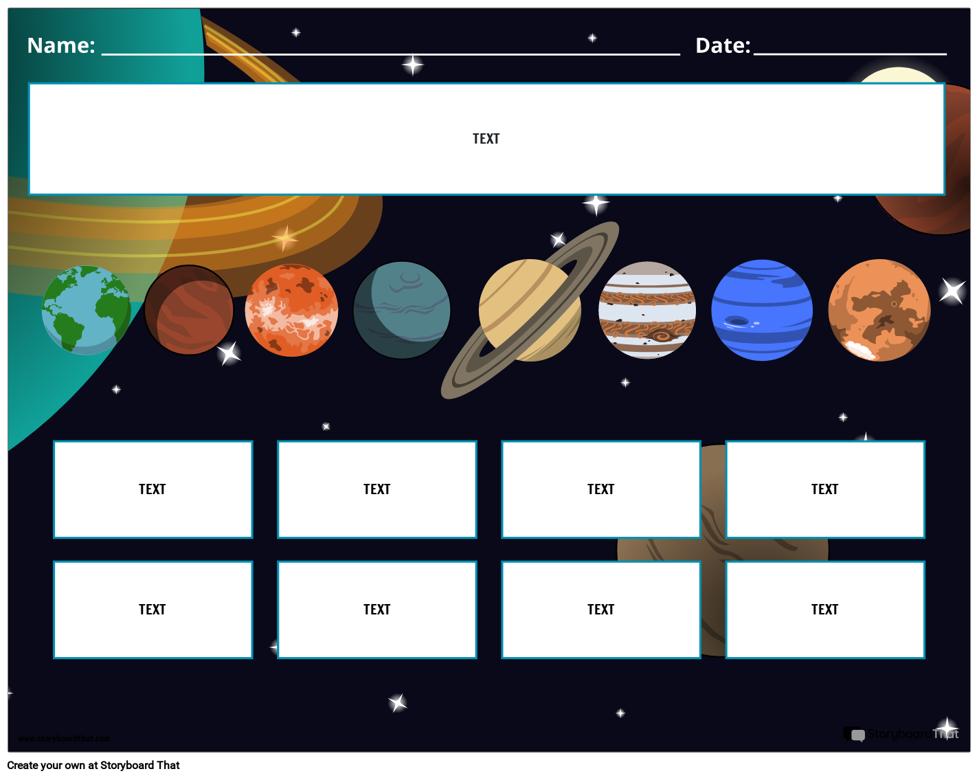 Multicolored solar system worksheet with text boxes