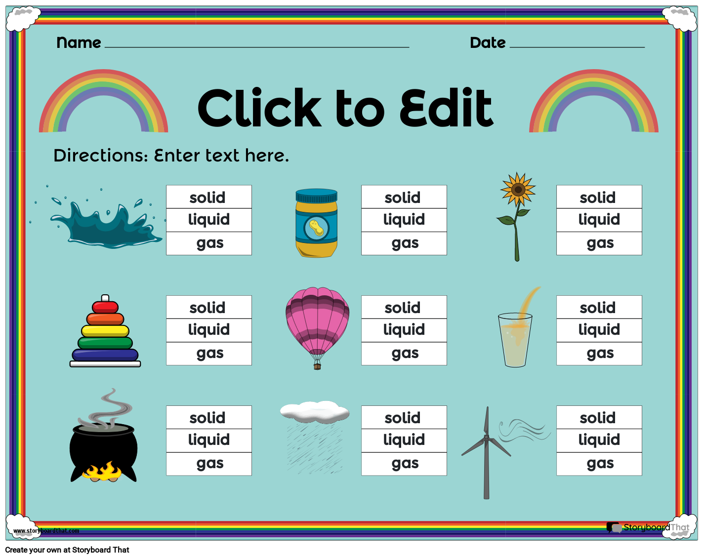 States of matter worksheet featuring rainbow storyboard