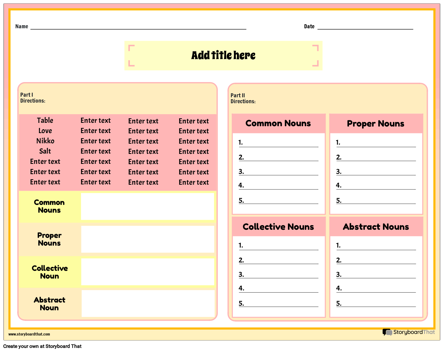 Types Of Nouns Free Printable Worksheet Storyboard