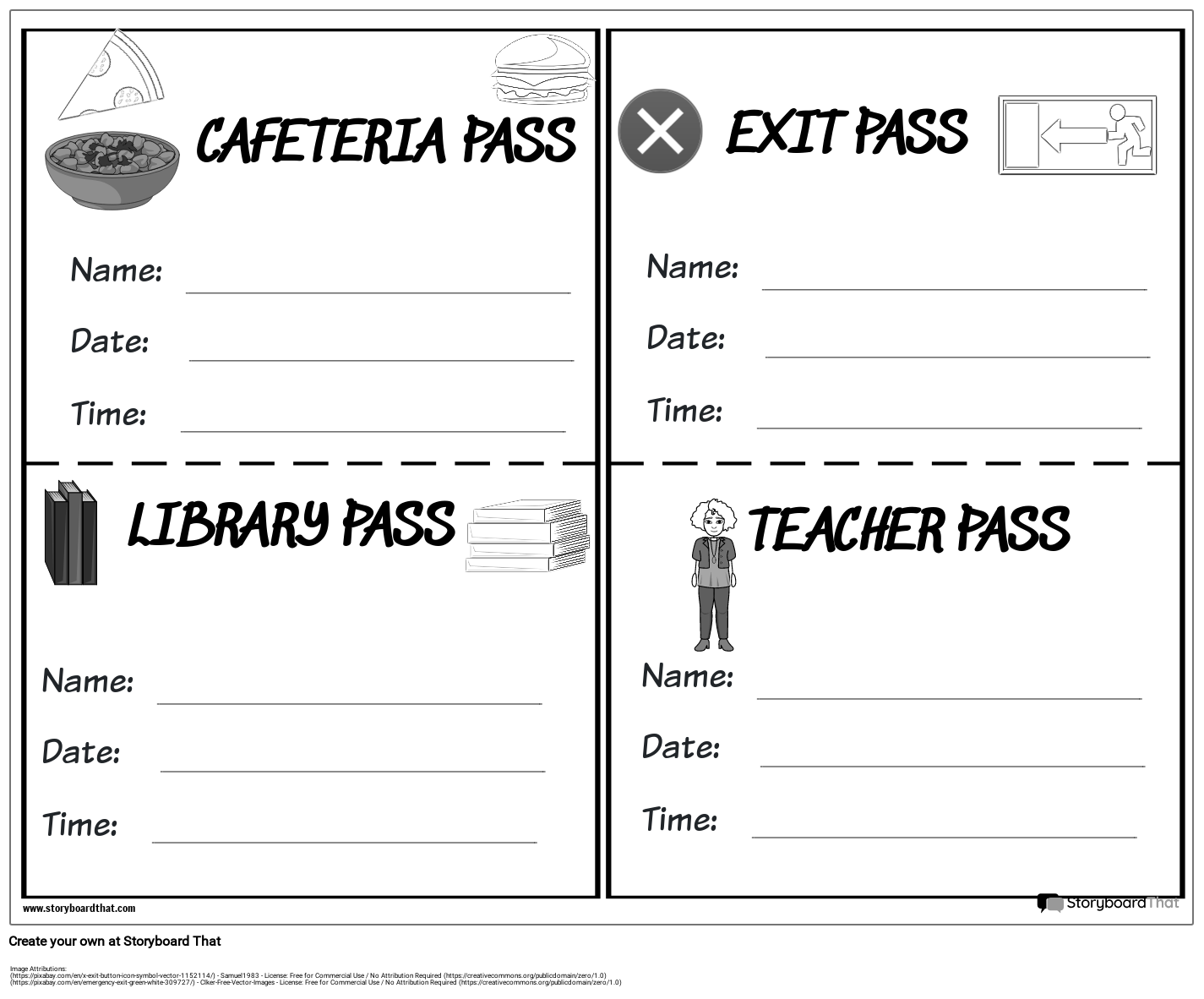 Various Hall Passes In Black And White Storyboard 