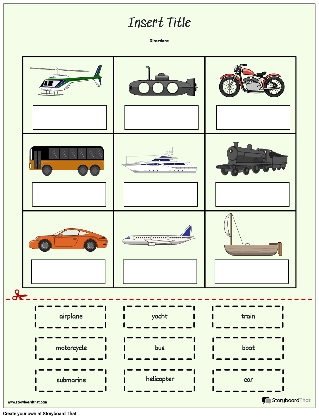 Vehicles Cut and Paste Matching Game Storyboard