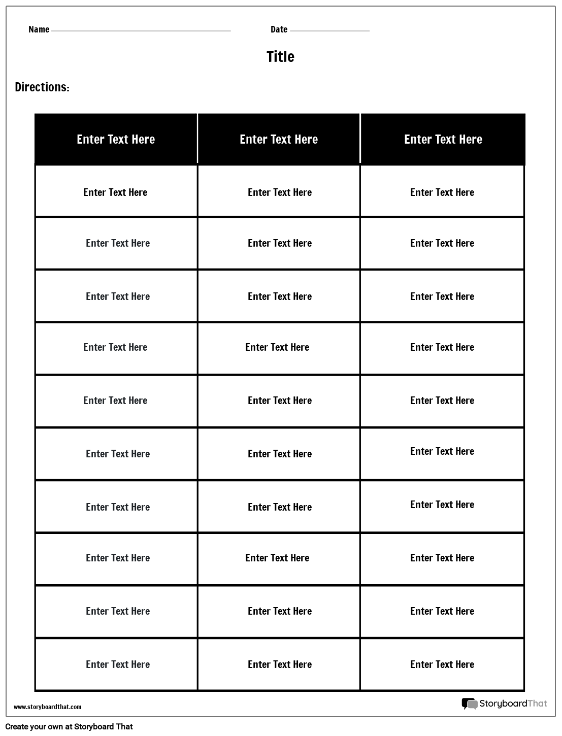 3 Sütunlu 10 Satırlı Tablo