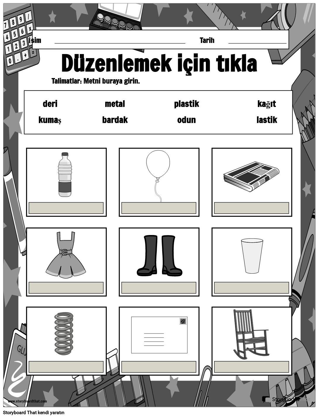 Classroom Things B&W Ile Mineraller Ve Özellikler Çalışma Sayfası Örneği