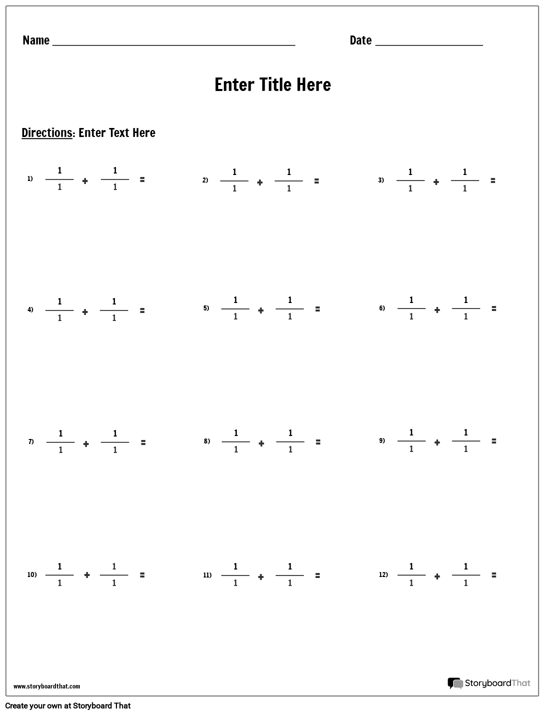 Addition Fractions Storyboard Par Worksheet templates