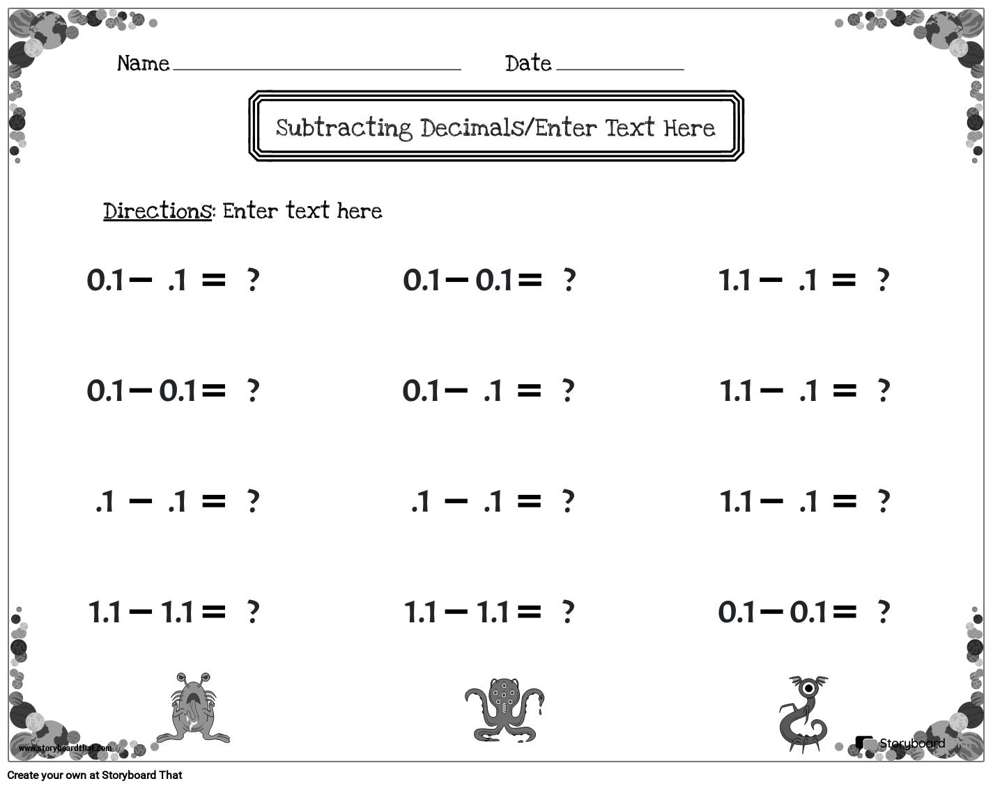 Decimals Landscape BW 2 Storyboard Por Worksheet templates