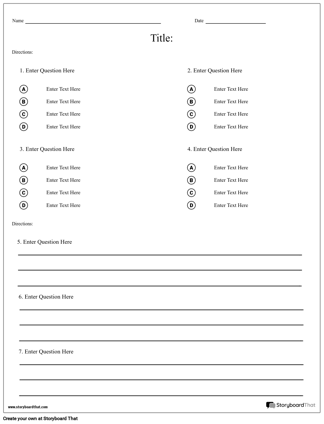 Multiple Choice And Short Answer Definitions Storyboard