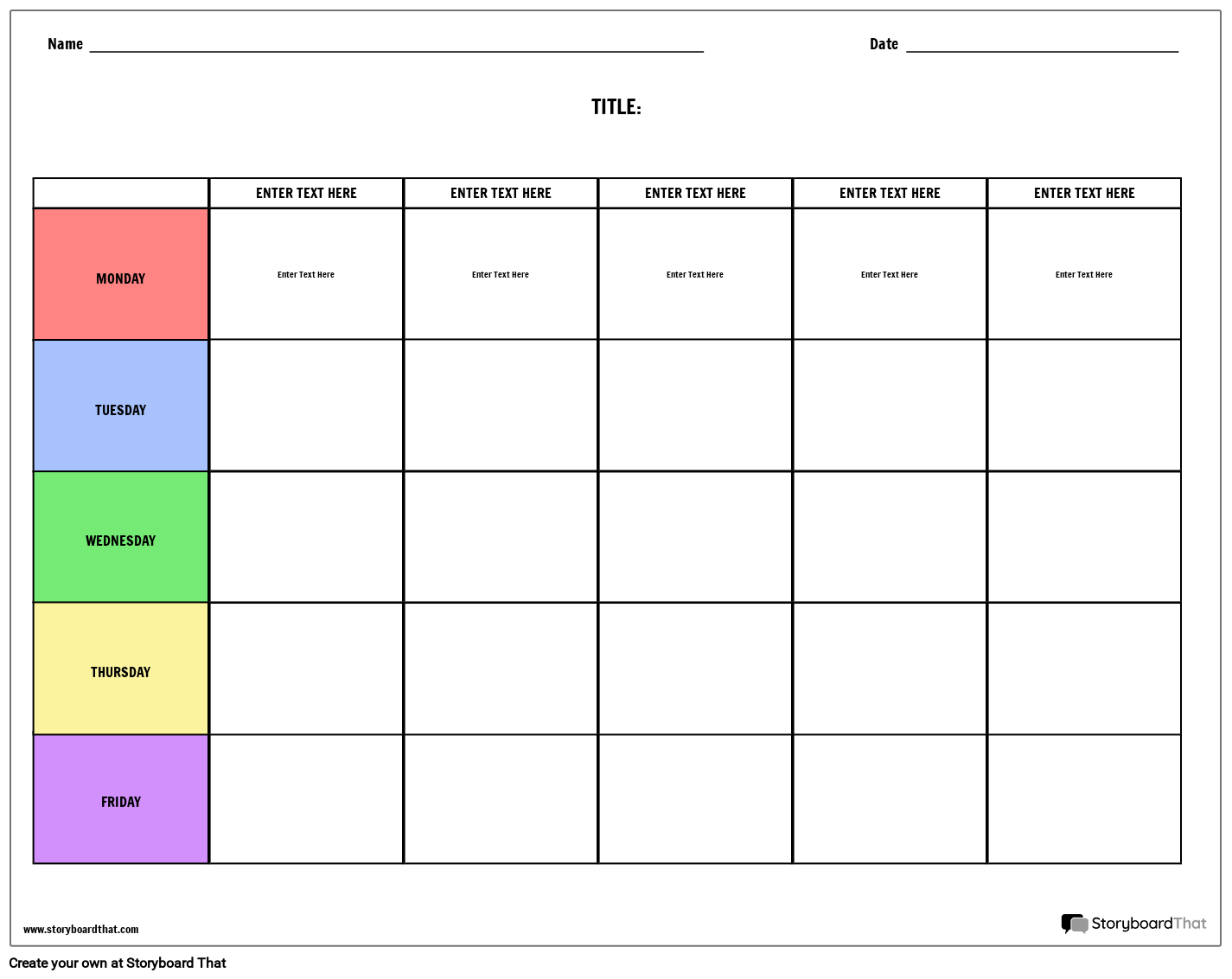 Weekly Planner Worksheet with 5 Days Storyboard