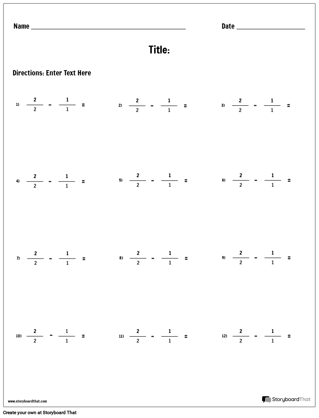 Subtraction Fractions Storyboard By Worksheet templates