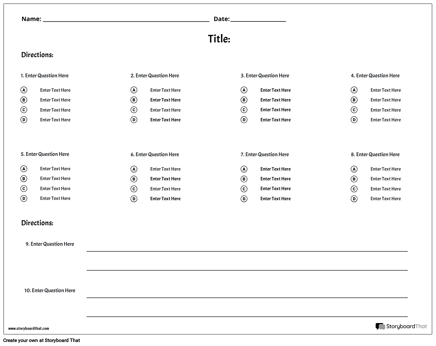 Simple Mixed Questions Printable Quiz Template